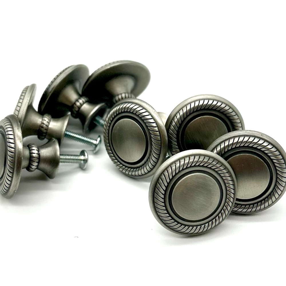Set of 8 Vintage Style Silver Cabinet Drawer Knobs Round Rope Edge Hardware